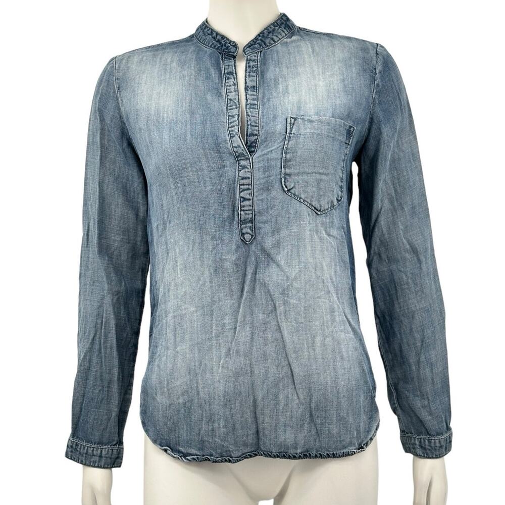 Bella Dahl‎ Top Womens XS Blue Chambray Tencel V-Neck Country Western Cowgirl